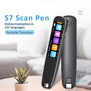 S7 Scan Pen portable translator device with colorful touchscreen icons on table with small potted plant