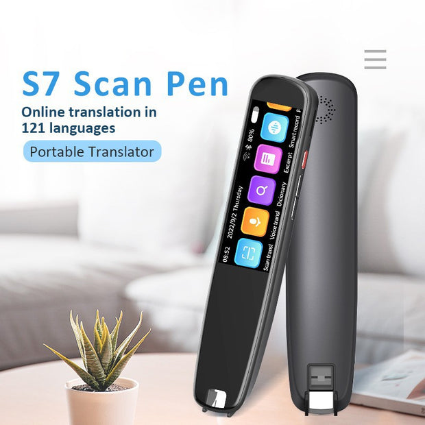 S7 Scan Pen portable translator device with colorful touchscreen icons on table with small potted plant