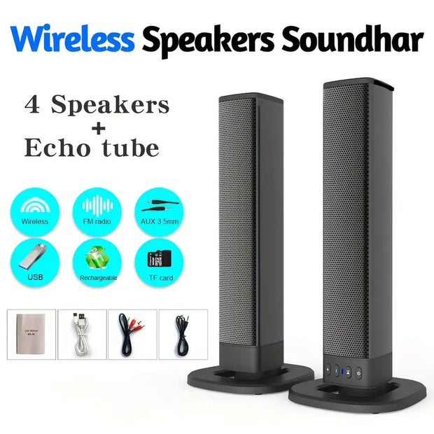 Wireless Soundhar speakers with 4 speakers, echo tube, USB, AUX, FM radio, TF card, and rechargeable features