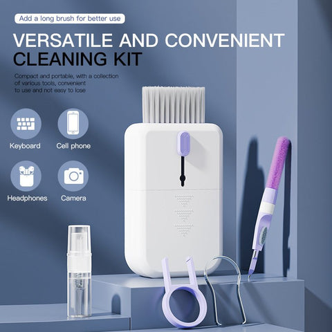 Compact 11-in-1 multifunctional cleaning kit with brushes, spray bottle, and tools for electronics