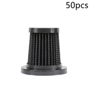 Black cylindrical pleated air filter with plastic end caps for automotive or machinery use