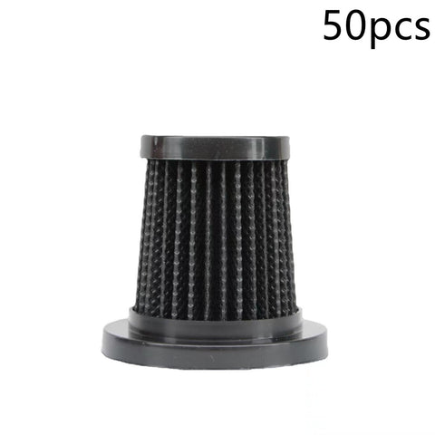 Black cylindrical pleated air filter with plastic end caps for automotive or machinery use