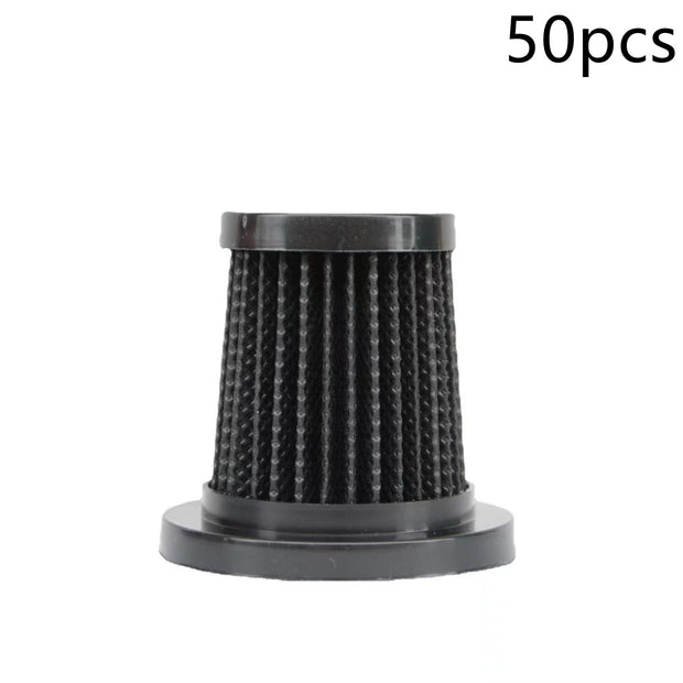 Black cylindrical pleated air filter with plastic end caps for automotive or machinery use