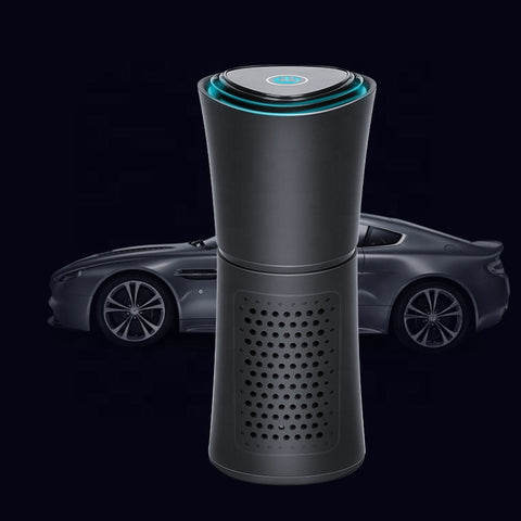 Black portable car air purifier with blue light rings, luxury sports car in dark background