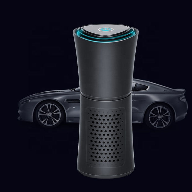 Black portable car air purifier with blue light rings, luxury sports car in dark background