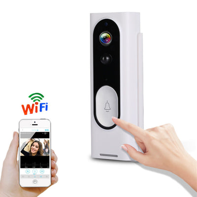 White WiFi video doorbell with camera and button being pressed, shown with smartphone app video feed