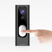 Hand pressing the button on a modern black smart video doorbell with camera