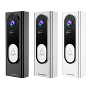 Three smart video doorbells in black, silver, and white with camera lens and bell icon button