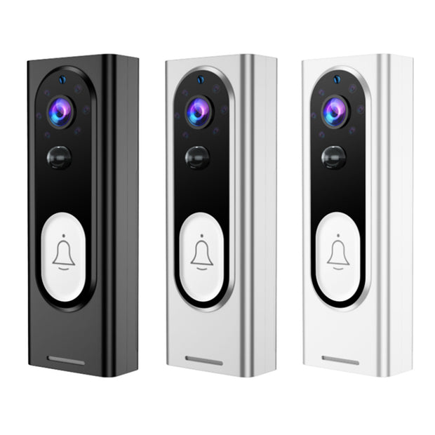 Three smart video doorbells in black, silver, and white with camera lens and bell icon button