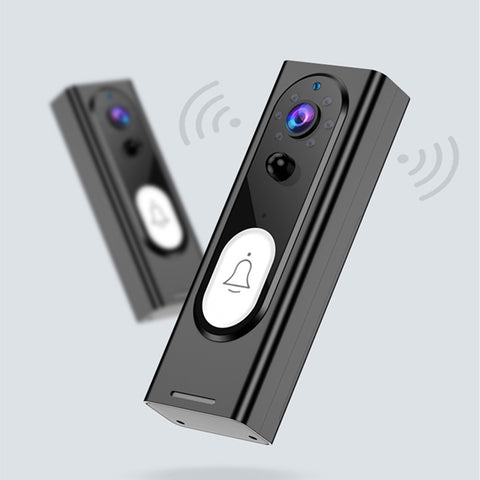 Black wireless video doorbell with camera and bell button icon on light gray background