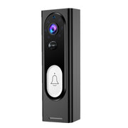Black smart video doorbell with camera lens, motion sensor, and white bell button