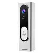 modern silver video doorbell with camera lens, motion sensor, and white bell button on white background