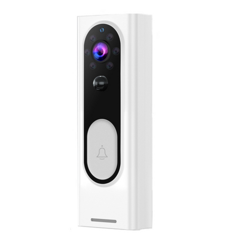 White smart video doorbell with camera lens, motion sensor, and illuminated doorbell button