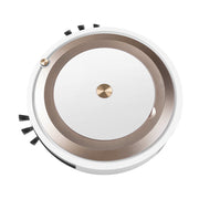 modern round robotic vacuum cleaner with white and bronze design, side brushes visible