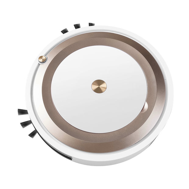 modern round robotic vacuum cleaner with white and bronze design, side brushes visible