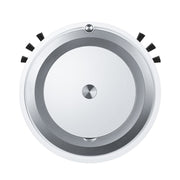 Top view of a white and gray robot vacuum cleaner with side brushes on a white background