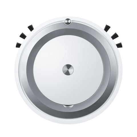Top view of a white and gray robot vacuum cleaner with side brushes on a white background