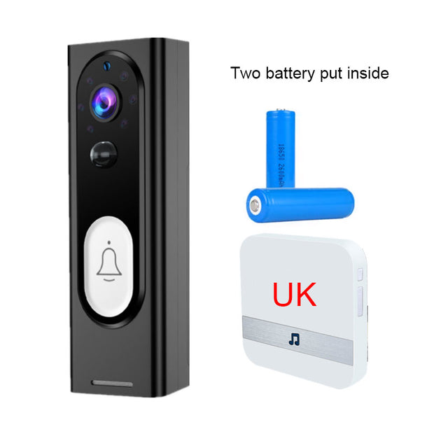 black wireless video doorbell with camera, two blue batteries, and white UK chime unit