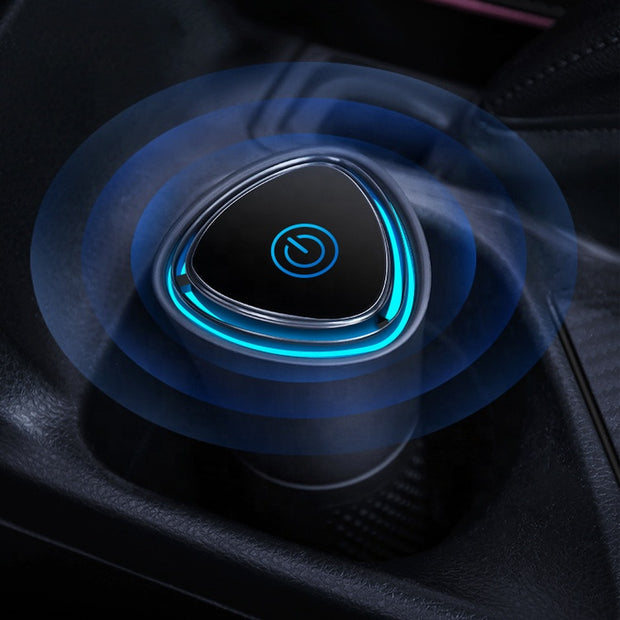 Black triangular electronic car air purifier with blue LED light in center console
