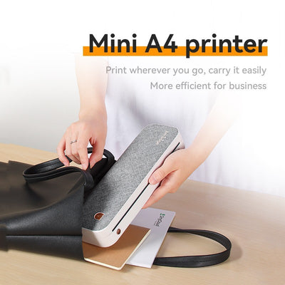 Hand placing compact gray Mini A4 printer into black leather tote bag on wooden table