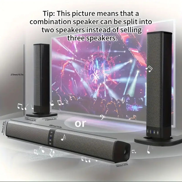 Two black speakers standing vertically and one combined horizontal speaker shown with measurements against a concert background
