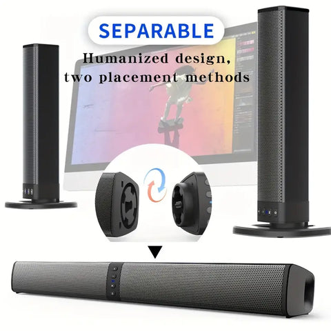 Black separable soundbar speaker with detachable design showing two placement methods and control buttons