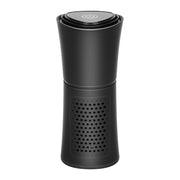 Compact black air purifier with perforated vents and touch power button on top