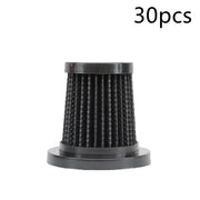 Black cylindrical pleated air filter with plastic ends isolated on white background