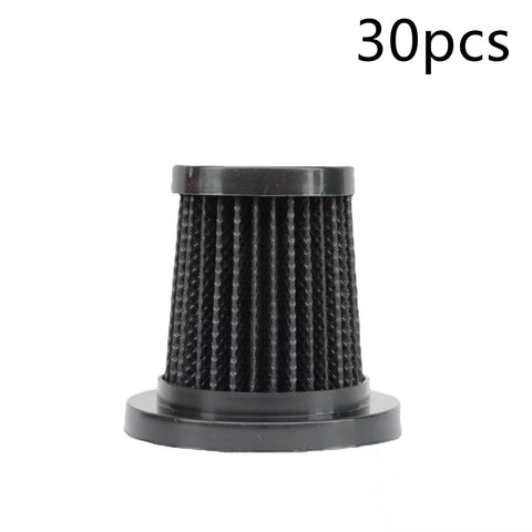 Black cylindrical pleated air filter with plastic ends isolated on white background