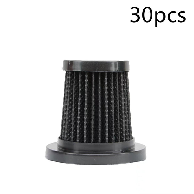 Black cylindrical pleated air filter with plastic ends isolated on white background