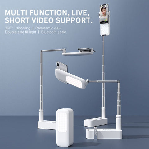 3-in-1 foldable LED fill light with adjustable smartphone stand and Bluetooth selfie remote