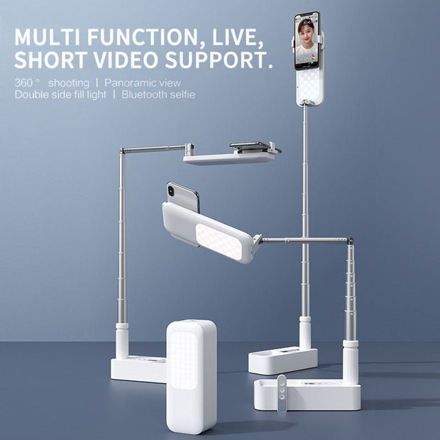3-in-1 foldable LED fill light with adjustable smartphone stand and Bluetooth selfie remote