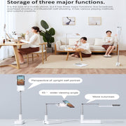 3-in-1 foldable LED fill light and smartphone stand showing live broadcast, overhead shooting, and Bluetooth selfie functions