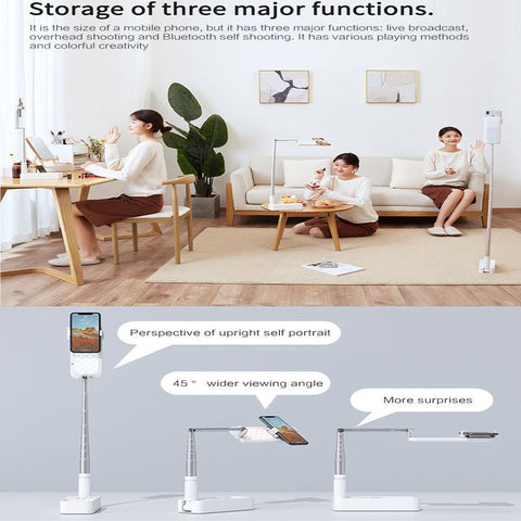 3-in-1 foldable LED fill light and smartphone stand showing live broadcast, overhead shooting, and Bluetooth selfie functions