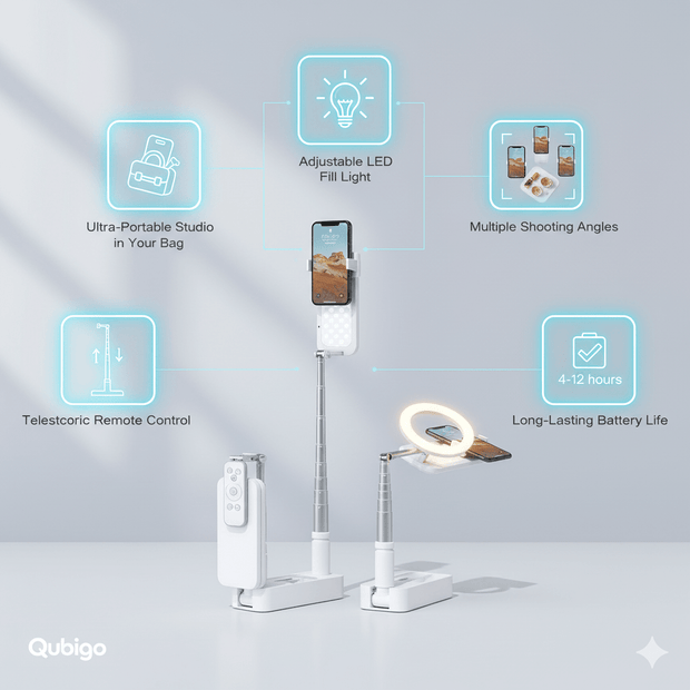 3-in-1 foldable LED fill light with smartphone stand, telescopic remote, portable studio, multiple angles