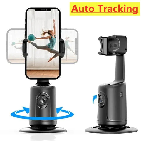 Black automatic phone holder with 360-degree face tracking showing a dancer on phone screen in motion