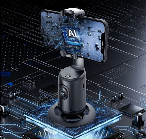 AI face tracking phone holder with smartphone mounted, featuring circuit board background and futuristic design
