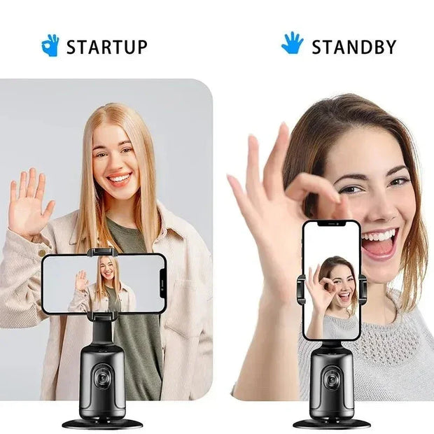 AI face tracking phone holder demonstrating startup and standby modes with smiling women