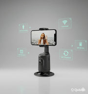 Black 360° panorama phone holder with AI face tracking and wireless connectivity shown with woman on phone screen