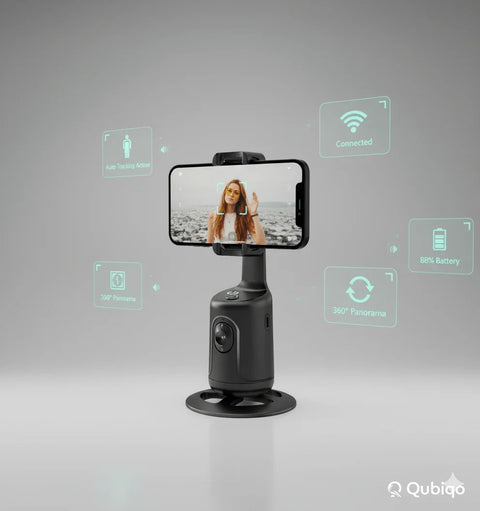 Black 360° panorama phone holder with AI face tracking and wireless connectivity shown with woman on phone screen