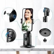 360 AI face tracking phone holder with rotating base and close-ups of lens and mount details