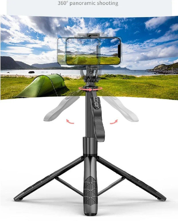 Black 360° rotating tripod phone holder with face tracking for panoramic shooting outdoors