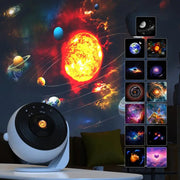 White star projector on table displaying vibrant solar system with planets and sun on dark wall