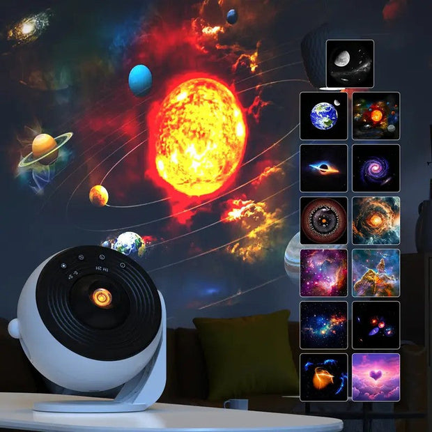 White star projector on table displaying vibrant solar system with planets and sun on dark wall