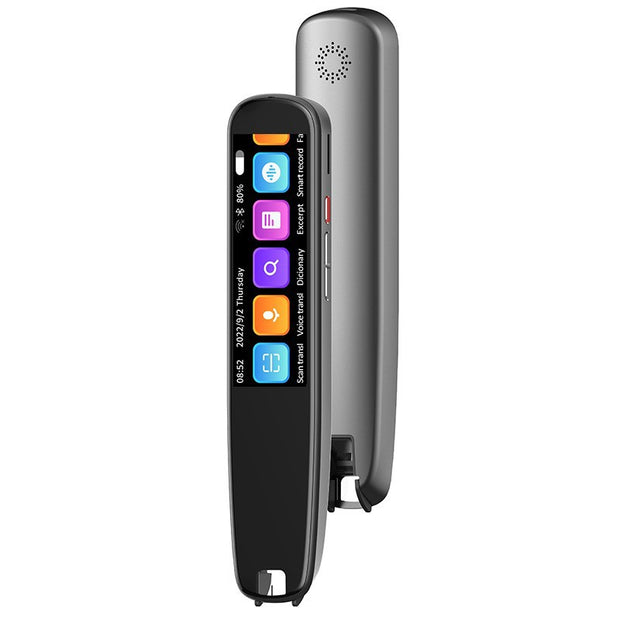 Portable digital language translator device with colorful touchscreen and metallic body