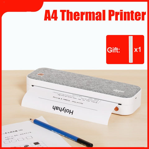 Compact A4 thermal printer with gray fabric top printing a document on wooden desk with pencil and paper