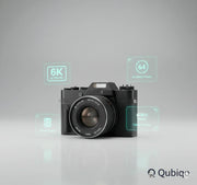 Retro style mirrorless digital camera with 6K Ultra HD, 64MP sensor, and CMOS technology on gray background