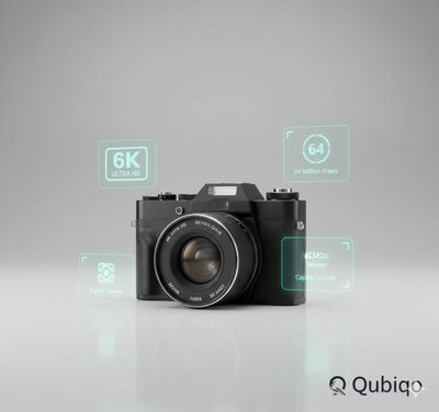 Retro style mirrorless digital camera with 6K Ultra HD, 64MP sensor, and CMOS technology on gray background