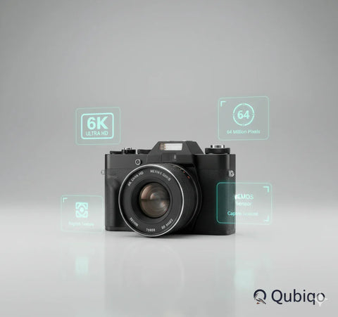 Retro style mirrorless digital camera with 6K Ultra HD, 64MP sensor, and CMOS technology on gray background