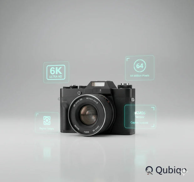 Retro style mirrorless digital camera with 6K Ultra HD, 64MP sensor, and CMOS technology on gray background